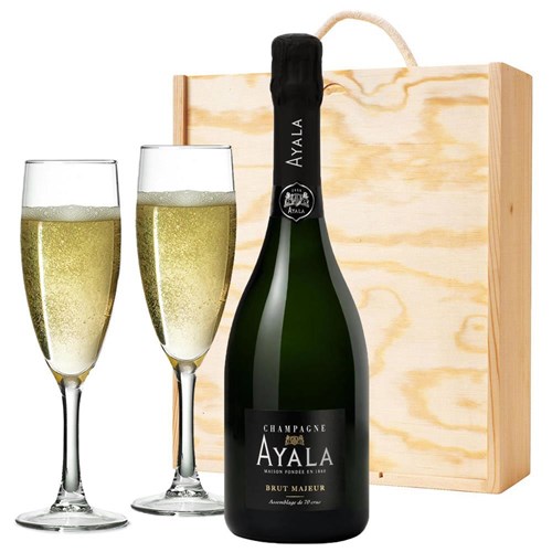 Ayala Brut Majeur Champagne NV 75 cl And Flutes In Pine Wooden Gift Box